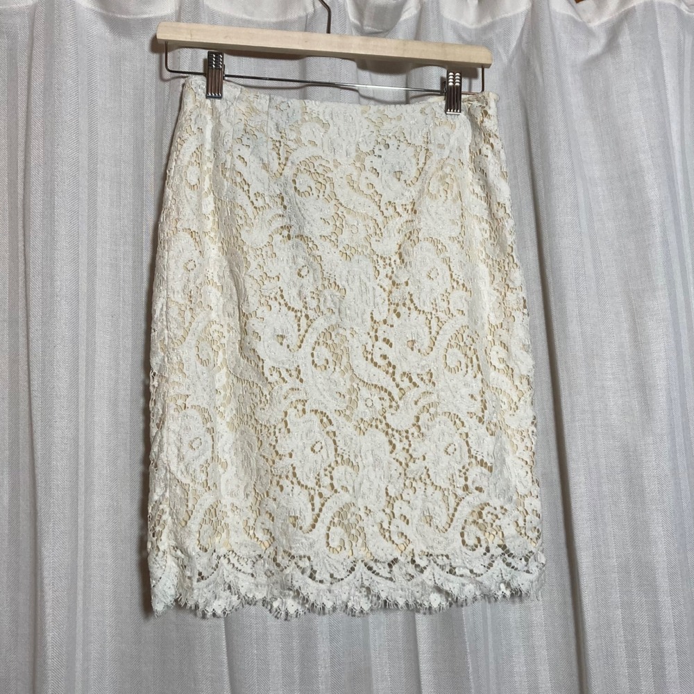 Linda Allard Ellen Tracy Cream Lace Pencil Skirt Silk Lined Scalloped 8 Coquette